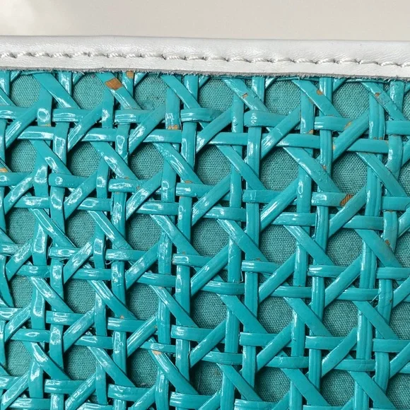 Inge Trapezoid Shoulder Bag Satchel‎ in Turquoise Cane, White Trim, Linen Lining - Picture 9 of 15